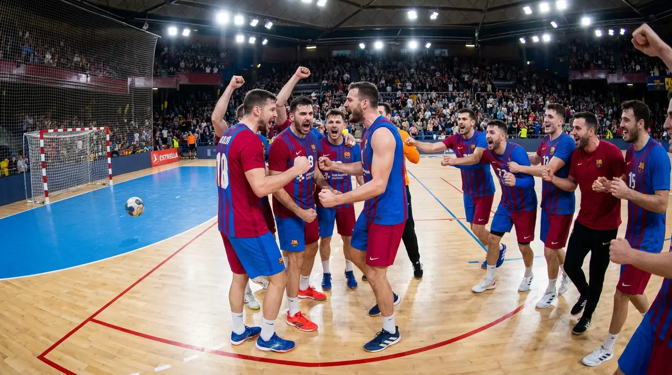 Хандбален отбор празнува гол по време на силна серия в мача